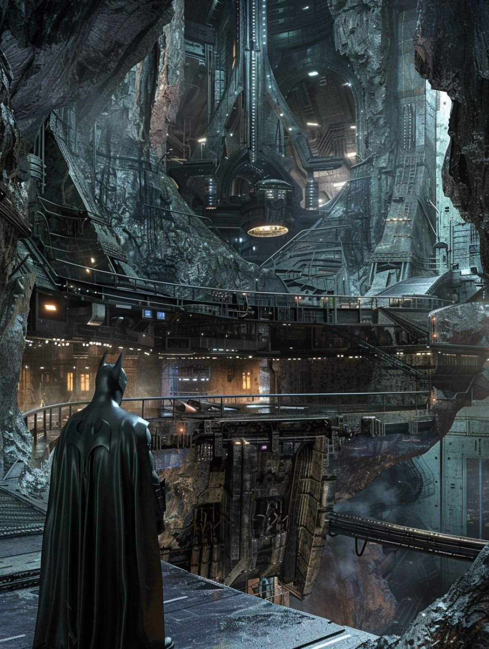 Batman is standing in front of the Batcave